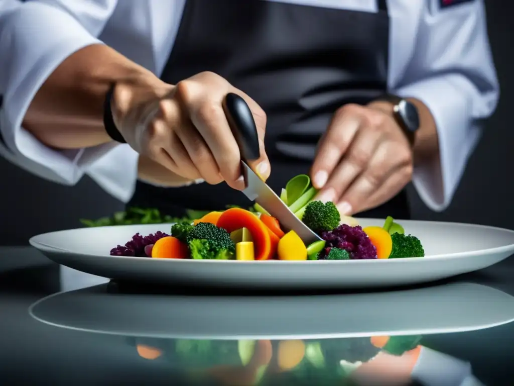 Un chef profesional usa técnicas de porcionado para dieta equilibrada, creando una presentación colorida y apetitosa en un plato blanco minimalista.