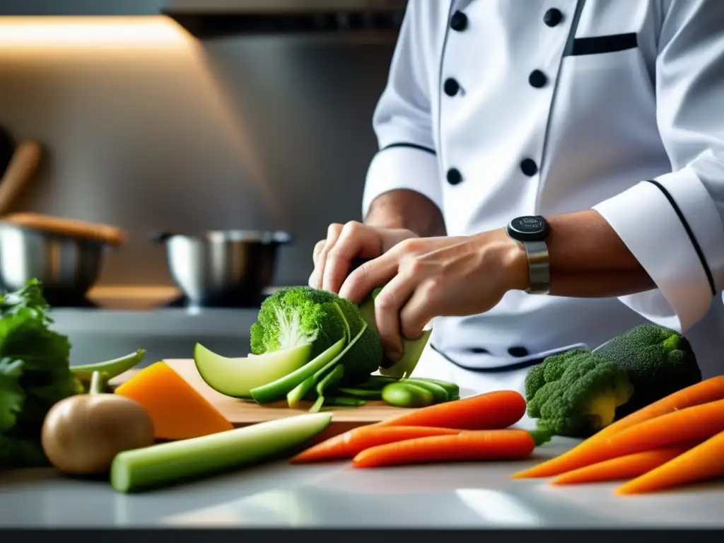 Un chef corta expertamente verduras frescas en una cocina minimalista, fusionando recetas internacionales saludables con tecnología moderna.