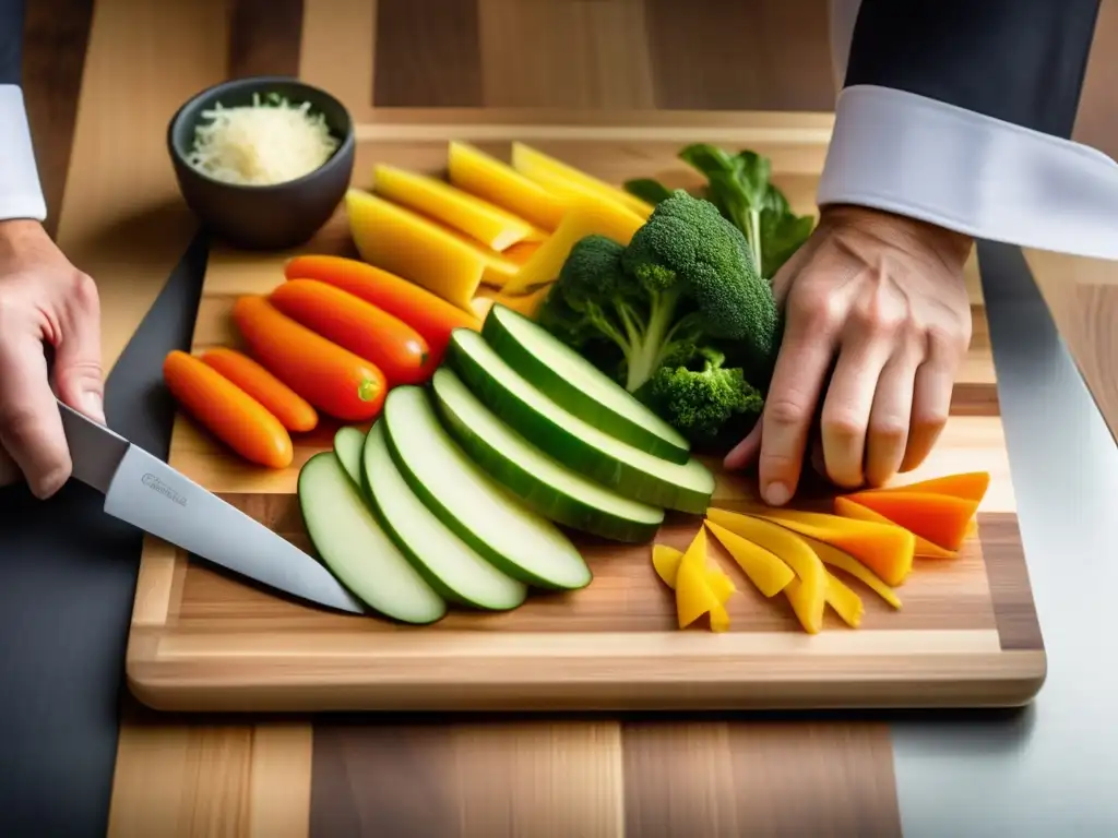 Un chef corta cuidadosamente verduras frescas en una tabla. <b>Preparación de alimentos conscientes.