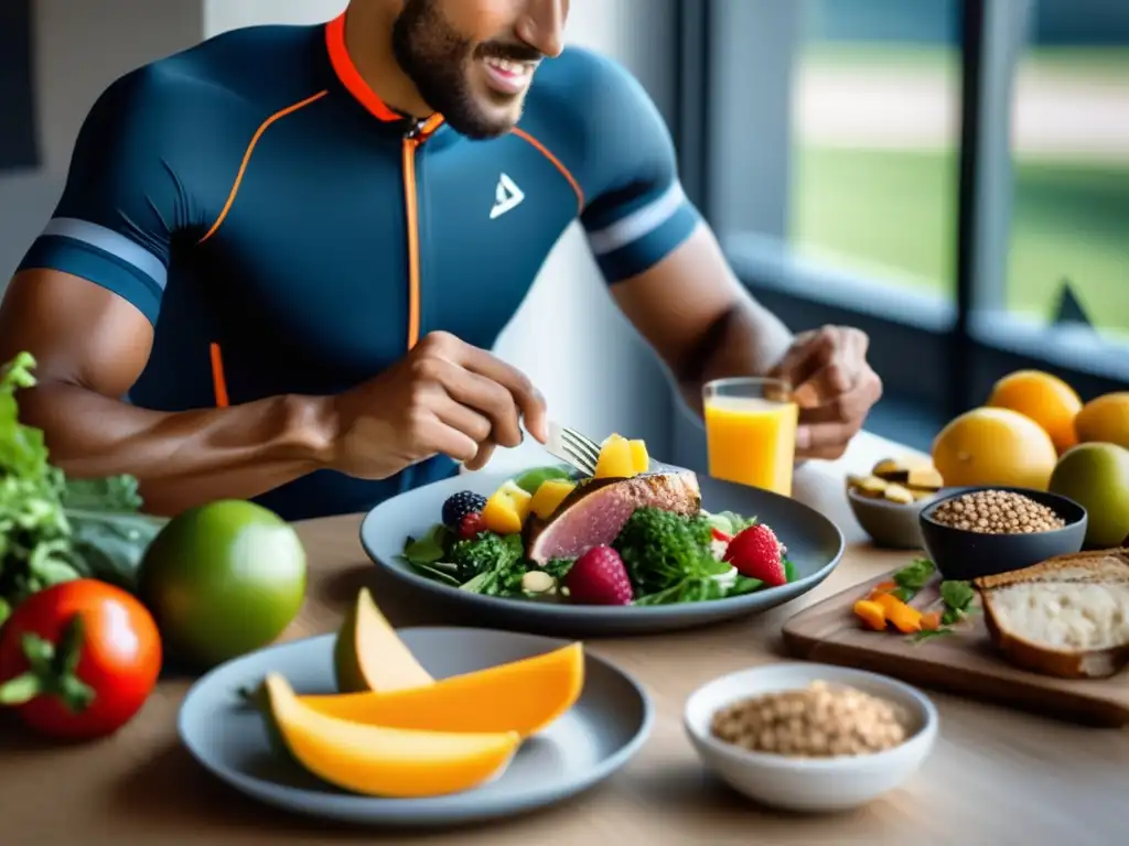 Un ciclista profesional disfruta de una comida equilibrada antes o después del entrenamiento. <b>Crononutrición deportiva para maximizar rendimiento.