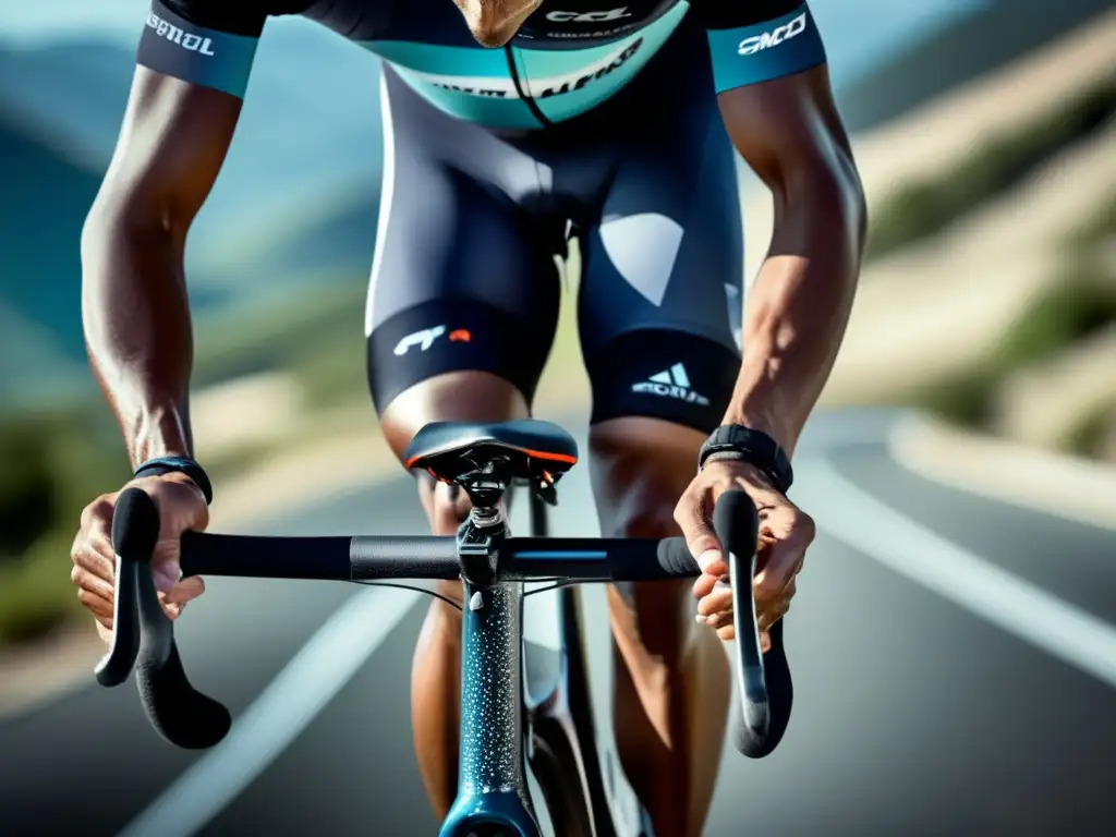 Un ciclista profesional vierte suplementos de carbohidratos en su botella, mostrando determinación en una escénica carretera de montaña. <b>Suplementos carbohidratos deportes resistencia.