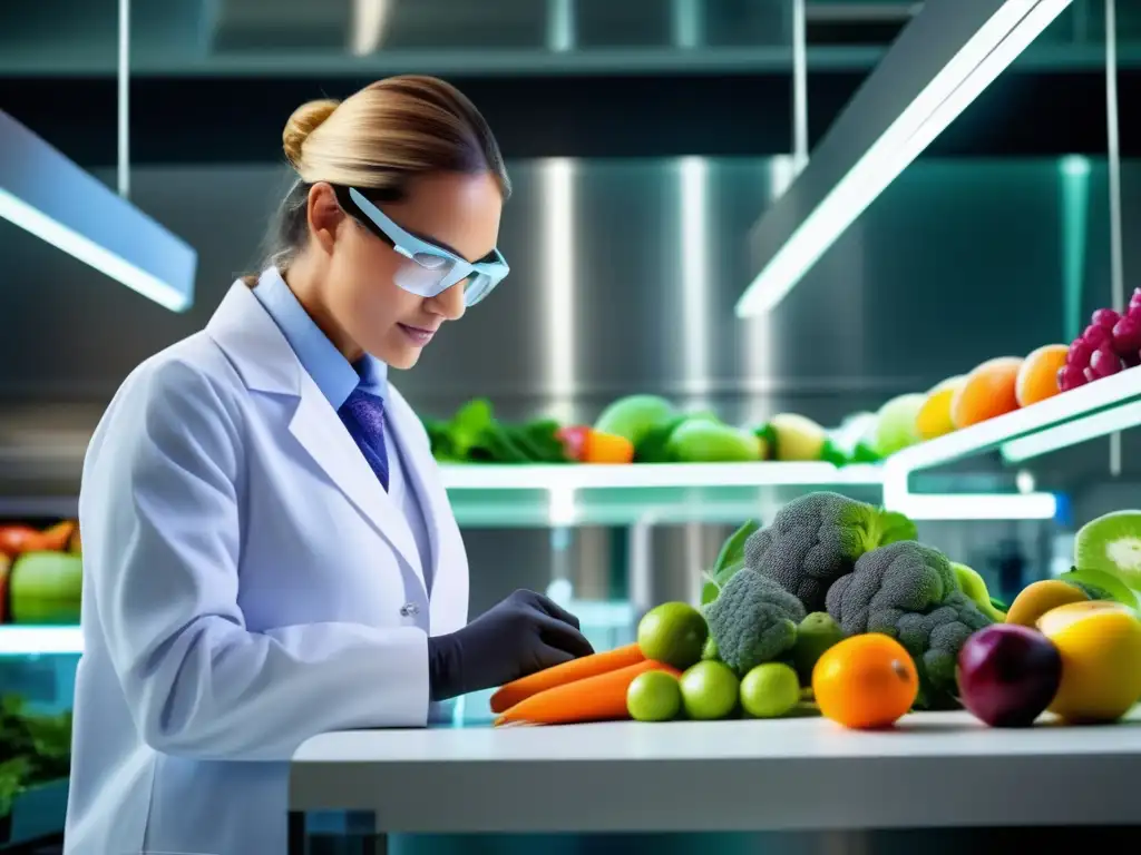 Un científico en bata blanca utiliza nanotecnología para crear alimentos saludables con frutas y verduras frescas de colores vibrantes.