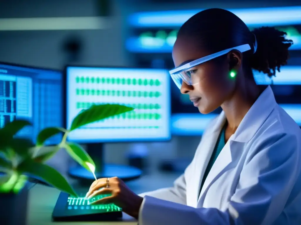 Un científico en un laboratorio utilizando tecnología avanzada para la edición genética de alimentos ética, con una atmósfera contemplativa y tecnología de vanguardia.