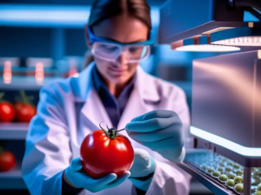 Un científico examina detalladamente un tomate transgénico en un laboratorio moderno, resaltando la seguridad de alimentos transgénicos.