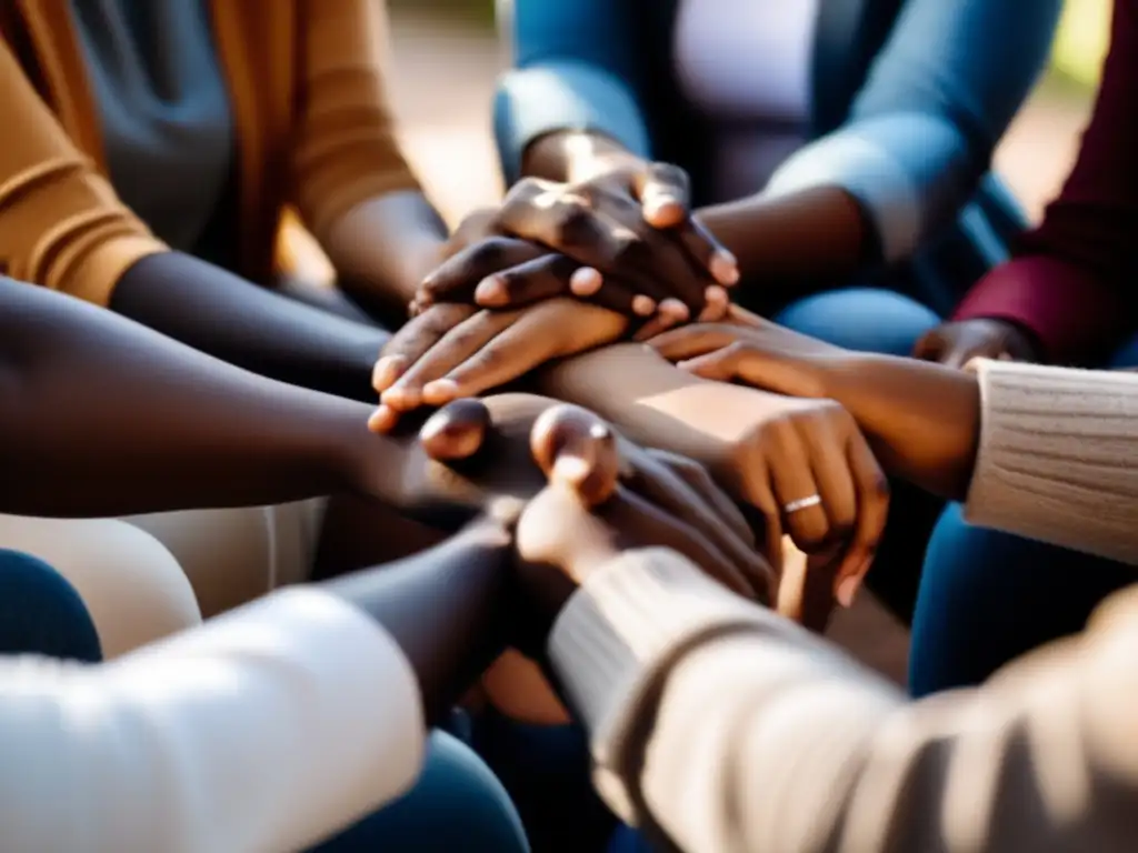 Un círculo de apoyo diverso se une en solidaridad, mostrando determinación y esperanza en el proceso de superando trastorno alimentario historias.