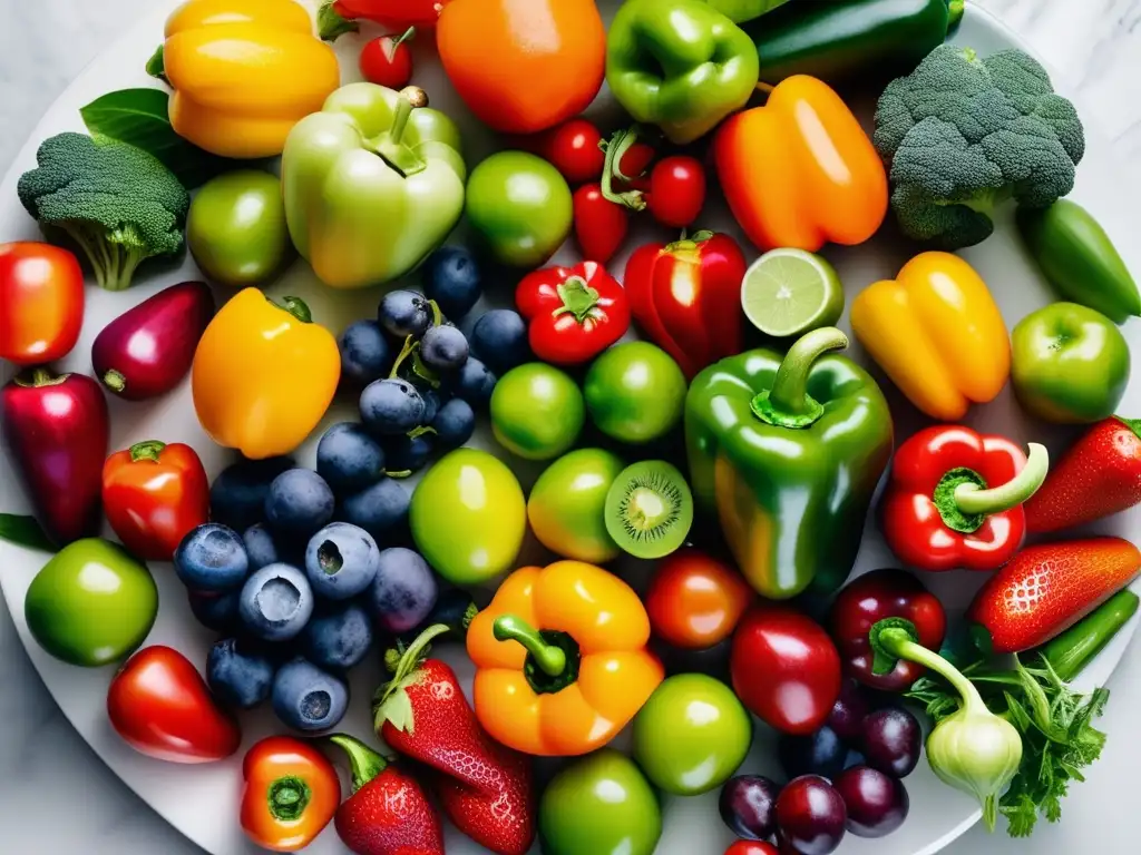Un círculo de frutas y verduras frescas en un elegante mostrador de mármol blanco. <b>Alimentos para regenerar mucosa gastrointestinal.