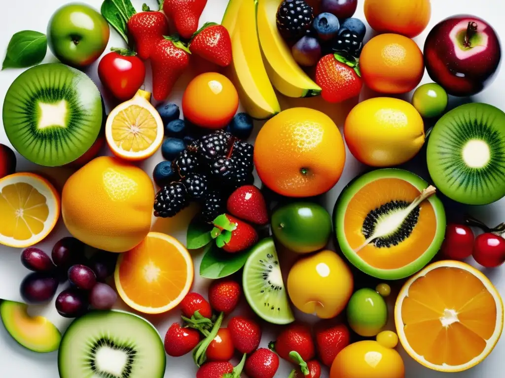 Un círculo de frutas y verduras frescas con gotas de agua, resaltando la variedad y frescura de alimentos funcionales. Una composición que capta la esencia de una dieta saludable.