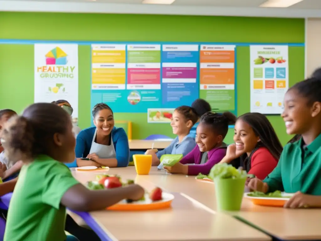 Clase vibrante de nutrición en escuelas: alumnos participan activamente en lección sobre alimentación saludable.