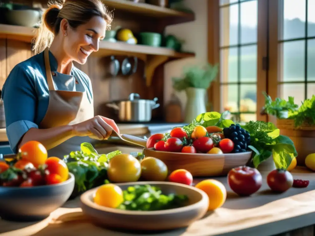 Una cocina campesina llena de productos frescos y coloridos, irradiando una sensación de alimentación saludable y cocina tradicional.