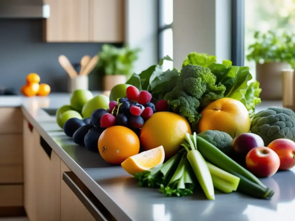 Una cocina detox para limpiar organismo: una selección de frutas y verduras frescas y coloridas, organizadas con elegancia en una encimera moderna, bañadas por una cálida luz natural.