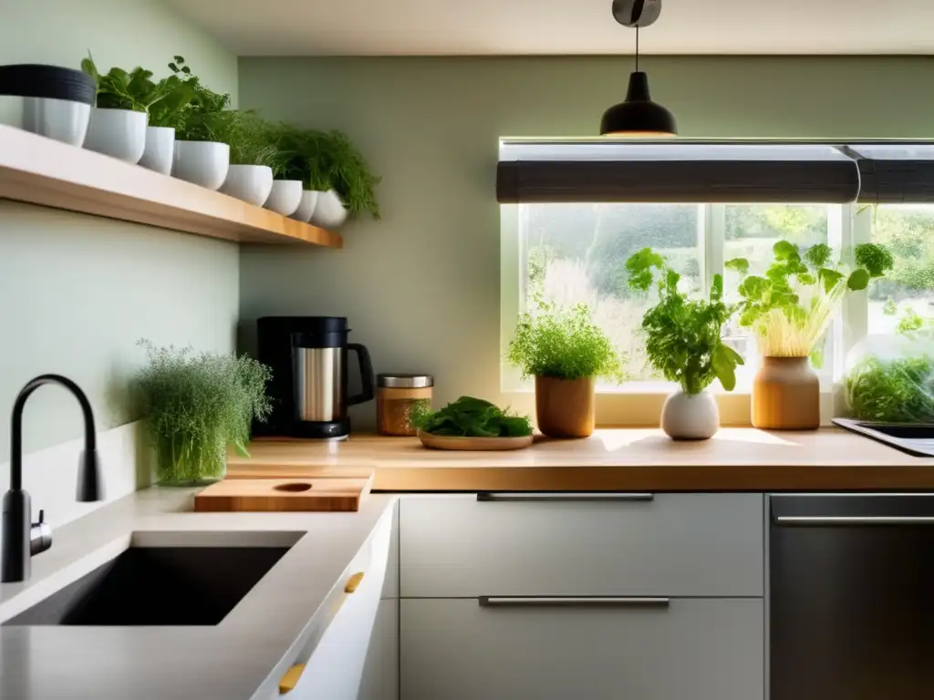 Una cocina ecológica con electrodomésticos de acero inoxidable y encimeras de bambú. <b>La luz natural ilumina las hierbas verdes en macetas y frascos de ingredientes a granel en estantes flotantes.</b> Un elegante contenedor de compostaje está al lado del fregadero, junto a bols