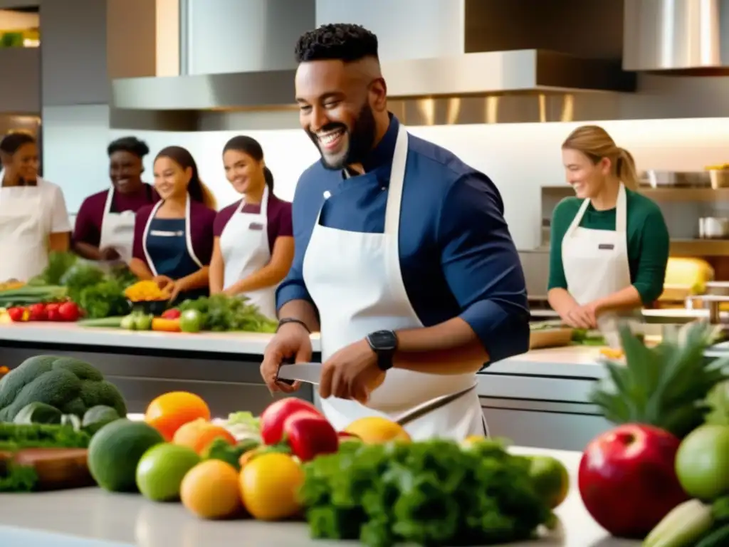 Clase de cocina con chef profesional en cocina moderna