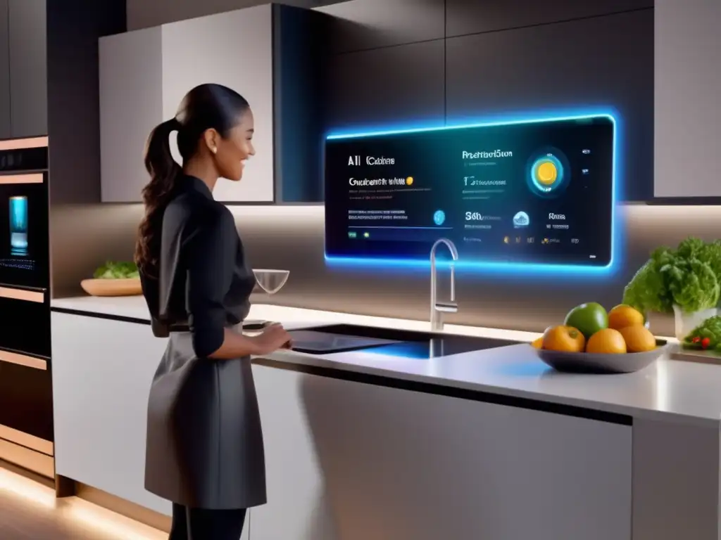 Una cocina futurista con electrodomésticos avanzados y AI para alimentación saludable. <b>Un chef interactúa con la AI.