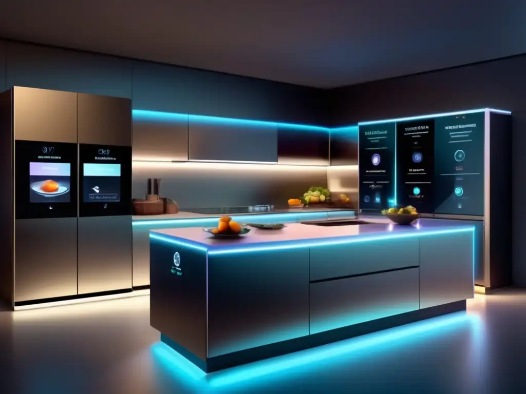 Una cocina futurista con electrodomésticos de inteligencia artificial en nutrición, iluminación ambiental y asistentes virtuales holográficos.