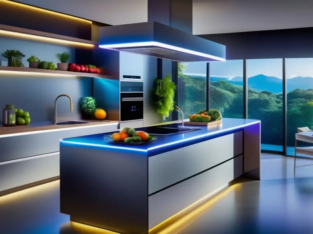 Una cocina futurista con tecnología de vanguardia e Inteligencia Artificial en Nutrición, iluminada por luz natural y repleta de alimentos frescos.