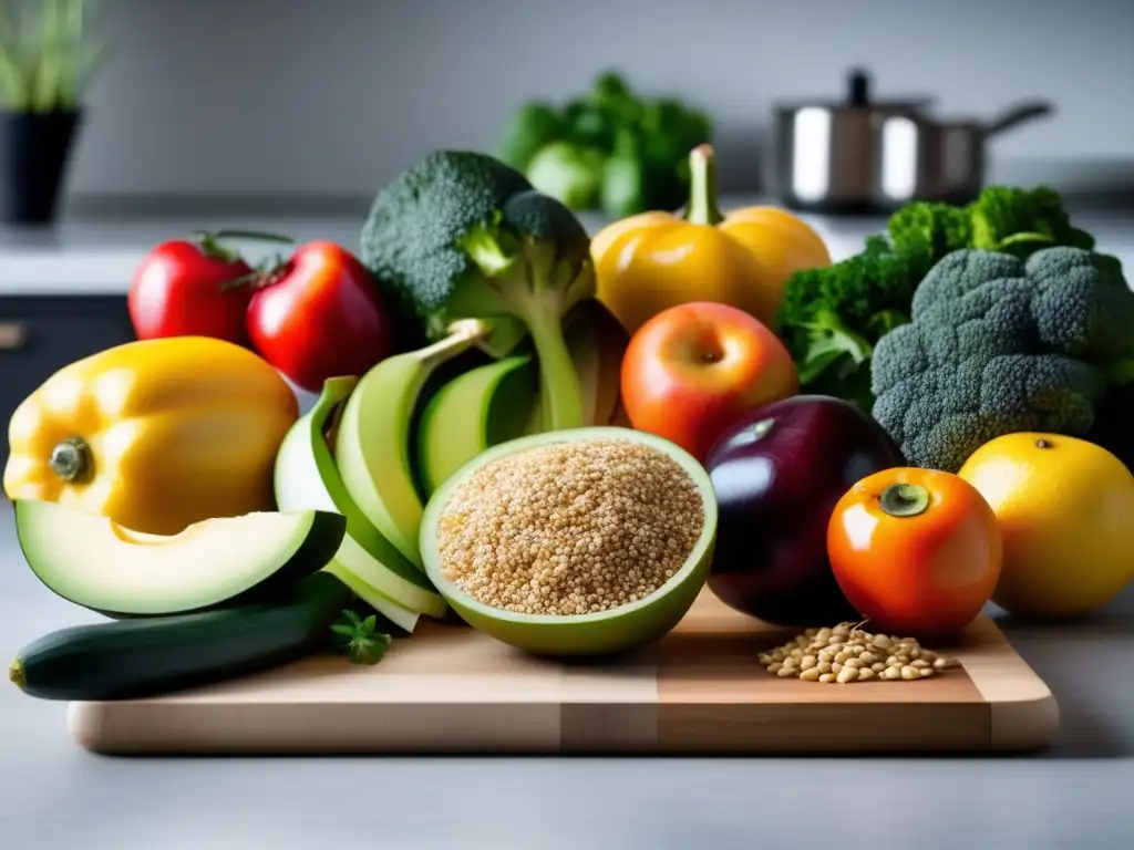 Una cocina minimalista con una variedad de frutas, verduras y granos frescos. <b>Sugiere adaptar dieta intolerancias alimentarias.