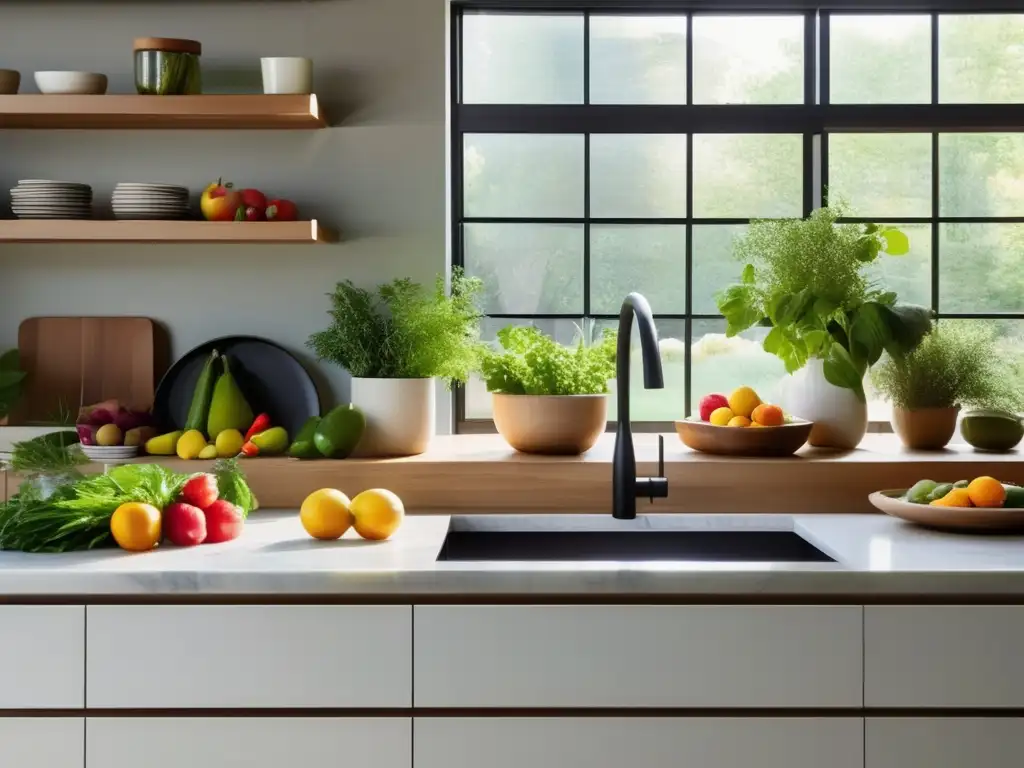 Una cocina moderna con encimera de mármol, frutas y verduras coloridas en un tazón de madera. <b>Luz natural inunda el espacio, creando una atmósfera serena.</b> <b>La dieta saludable se refleja en los alimentos frescos y la tranquilidad del entorno.</b> Microbiota y enfermedad celí