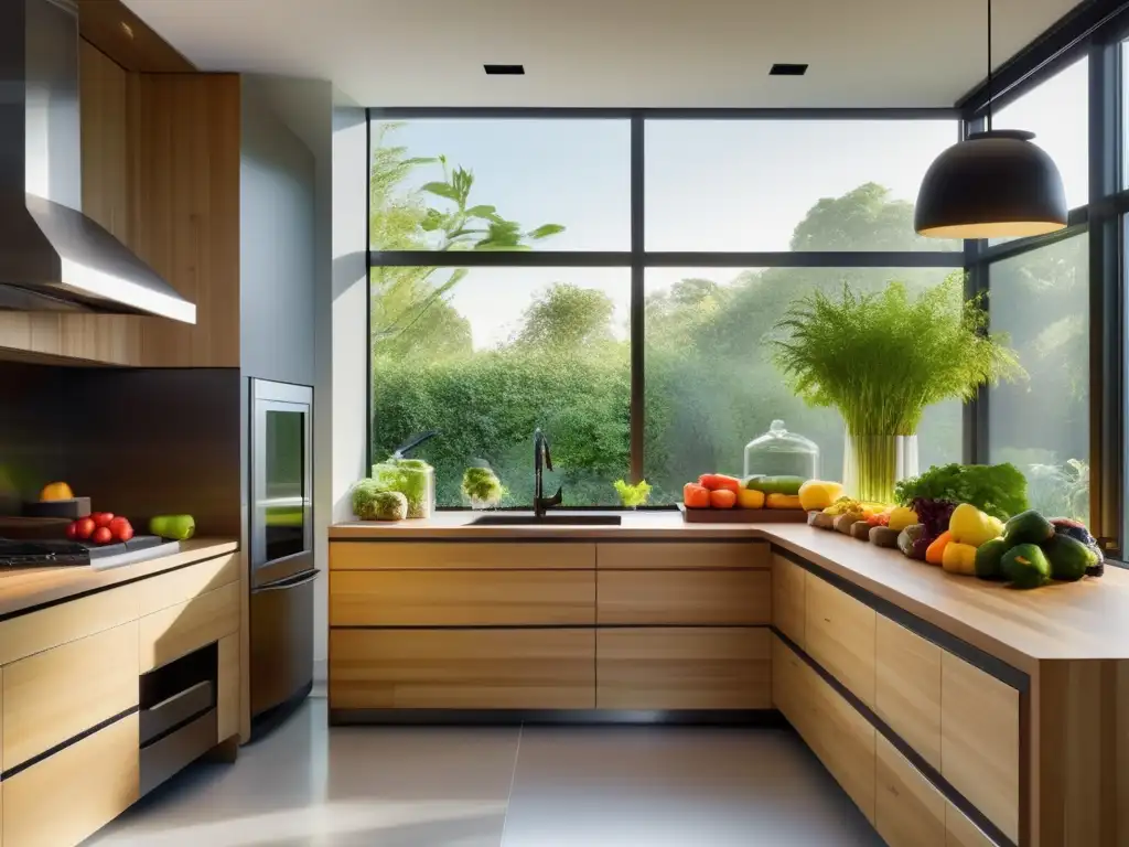 Una cocina moderna con encimeras de bambú sostenible, electrodomésticos de acero inoxidable y una gran ventana con vista a un exuberante jardín. Las encimeras están decoradas con frutas y verduras coloridas en frascos de vidrio, mientras que un elegante contenedor de compostaje se encuentra