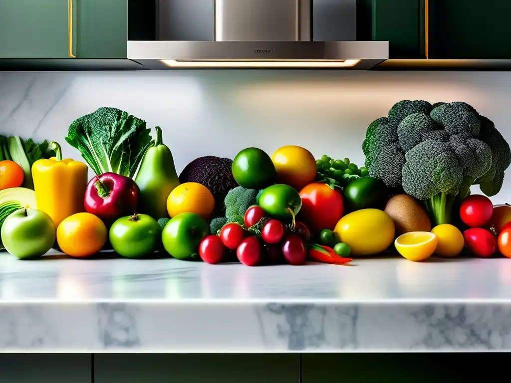 Una cocina moderna con frutas y verduras coloridas en una elegante presentación. <b>Fomenta la prevención de intoxicaciones en niños en casa.