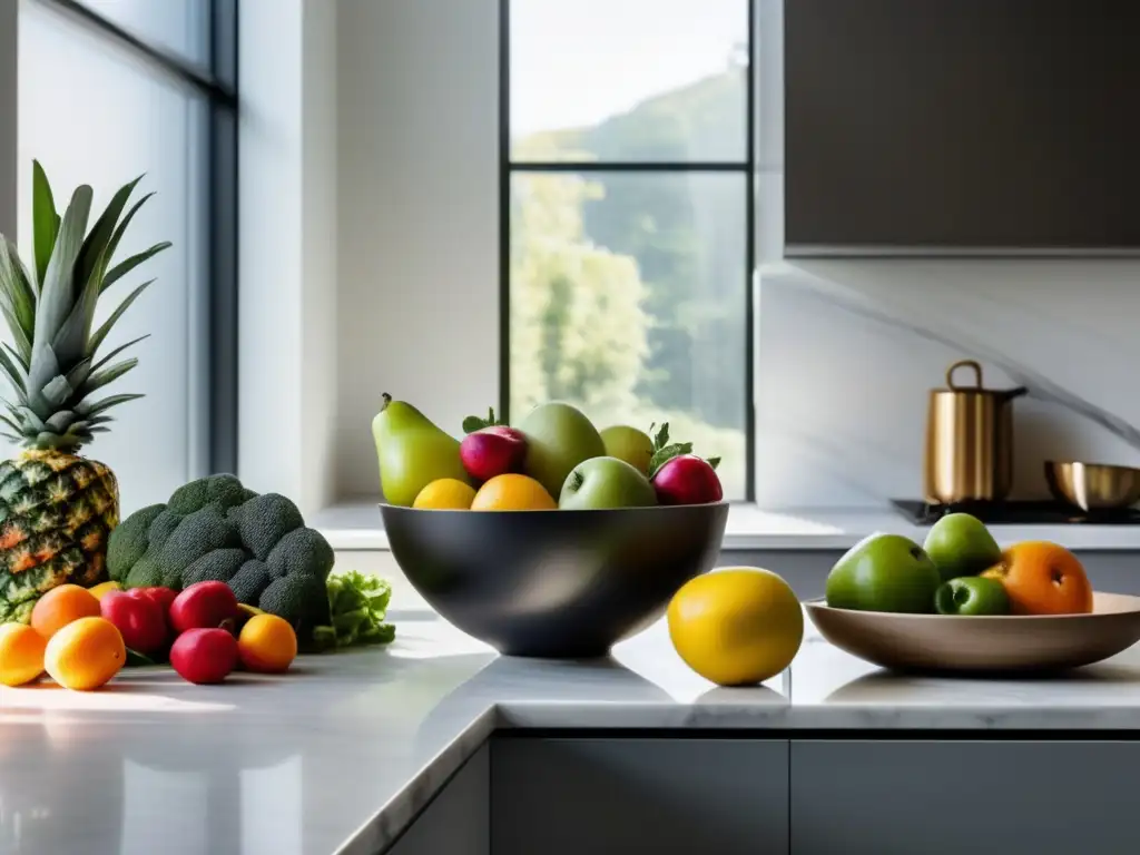 Una cocina moderna con frutas y verduras frescas en un ambiente luminoso y saludable. <b>Riesgos dietas extremas consumidores.