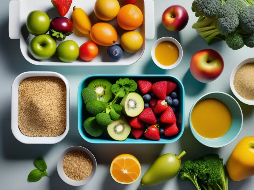 Una cocina moderna y bien iluminada con una variedad de alimentos frescos y vibrantes. <b>Dieta para potenciar rendimiento voleibol.