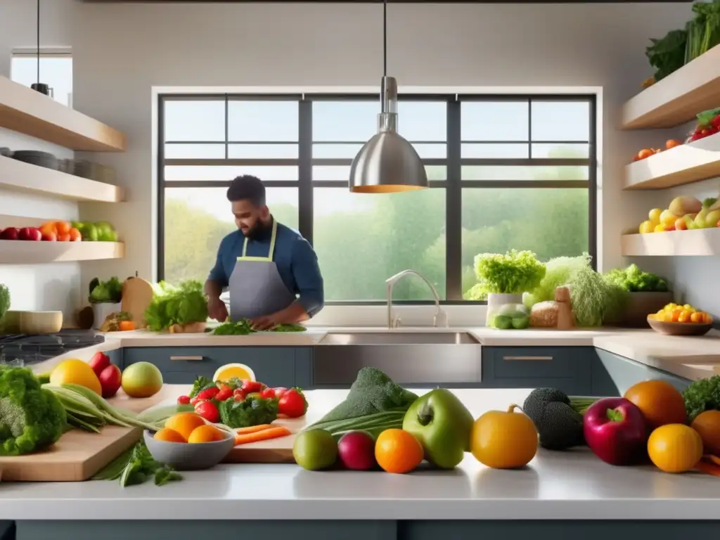 Una cocina moderna llena de frutas, verduras y alimentos enteros. <b>Luz natural ilumina el ambiente cálido.</b> <b>Manos de chef preparando comida.</b> <b>Recursos para una alimentación saludable.