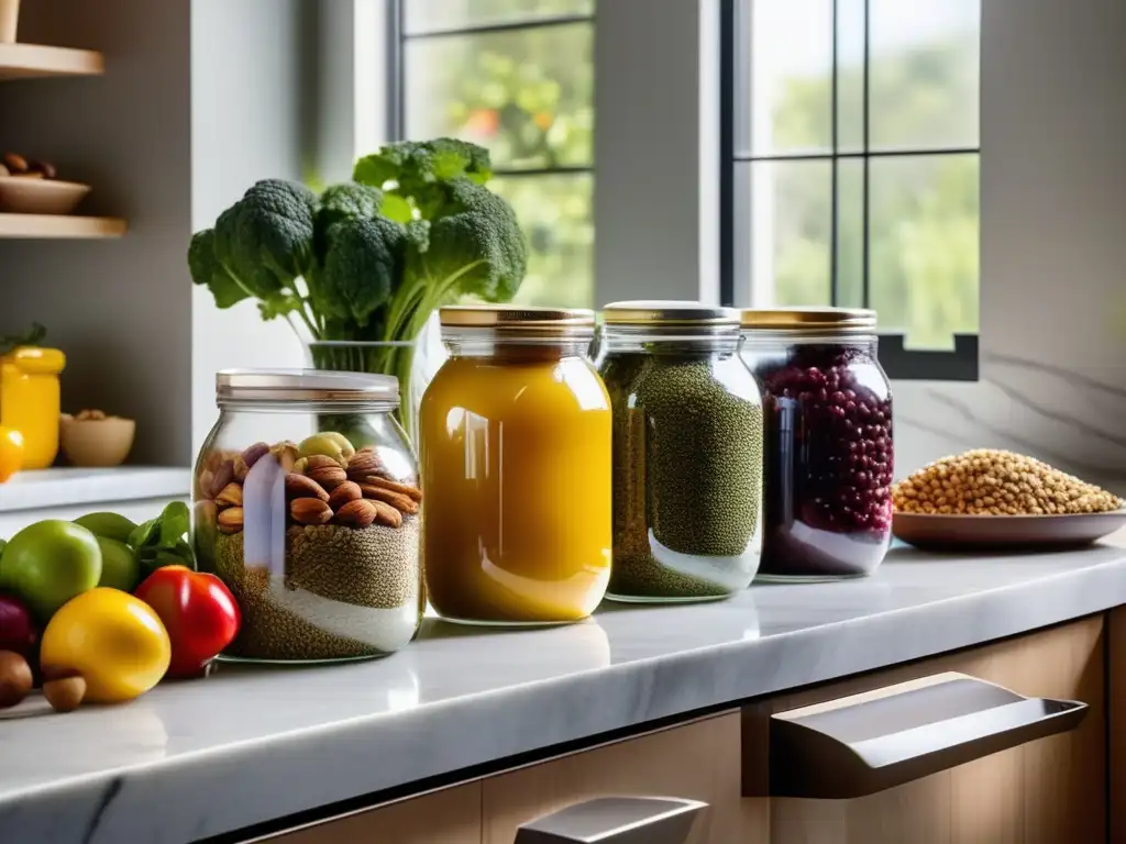Una cocina moderna llena de frutas y verduras coloridas, con una atmósfera de nutrición integral y vida saludable.