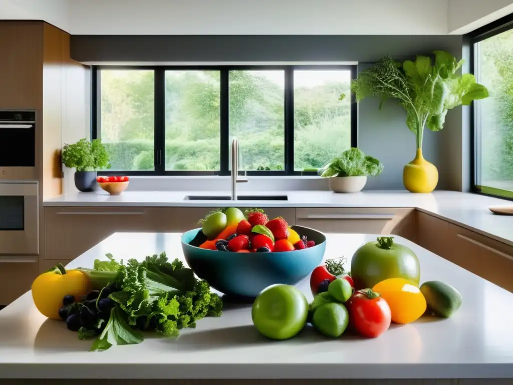 Una cocina moderna llena de frutas y verduras vibrantes, con luz natural que realza su vitalidad. <b>Nutrición para prevenir enfermedades crónicas.