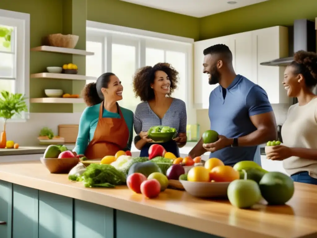 Una cocina moderna llena de frutas y verduras, con luz natural. Una familia prepara y comparte una comida nutritiva, fomentando patrones alimenticios saludables y la formación de los padres.
