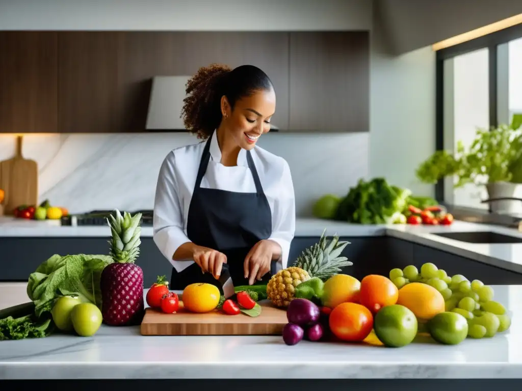 Una cocina moderna llena de frutas y verduras coloridas, con luz natural resaltando los ingredientes y una bailarina en el fondo. <b>Alimentación saludable para performance artística.