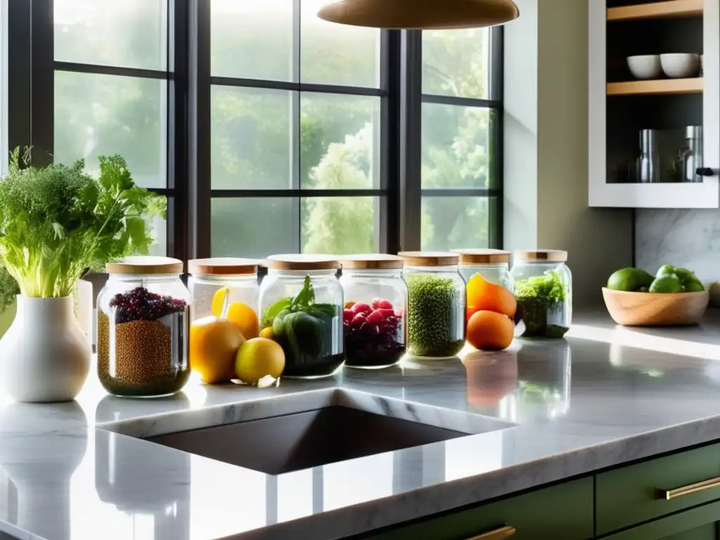 Una cocina moderna llena de frutas y verduras coloridas, bañada por la luz del sol. <b>Alimentos y trastornos mentales evidencia.