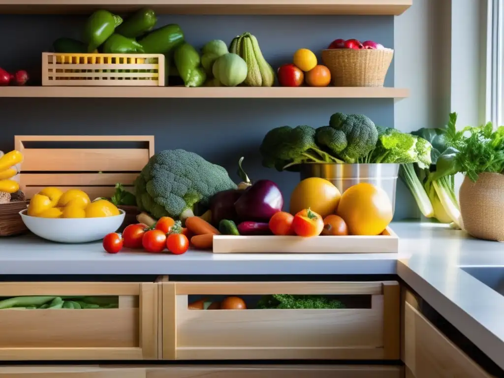 Una cocina moderna llena de frutas y verduras frescas, con luz dorada. <b>Listo para Menús semanales para reducción peso.