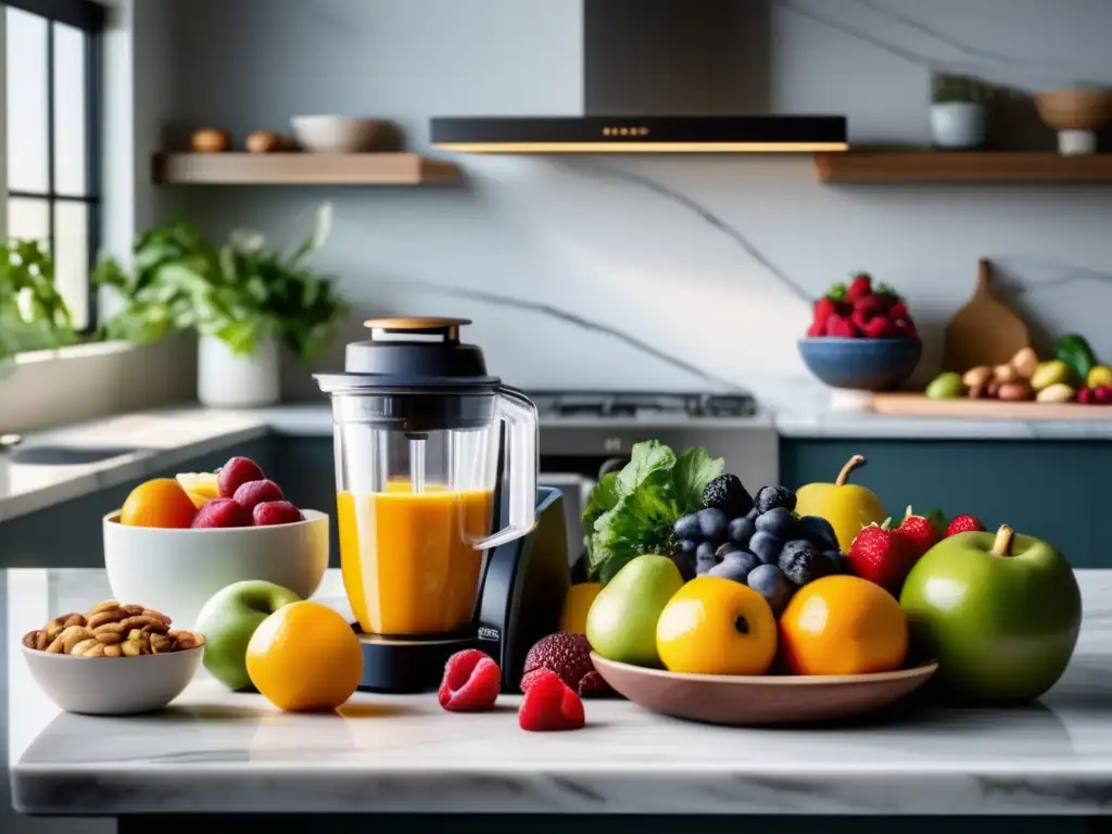 Una cocina moderna llena de frutas, verduras y frutos secos, con ingredientes saludables y una atractiva dieta hipoalergénica para alergias.