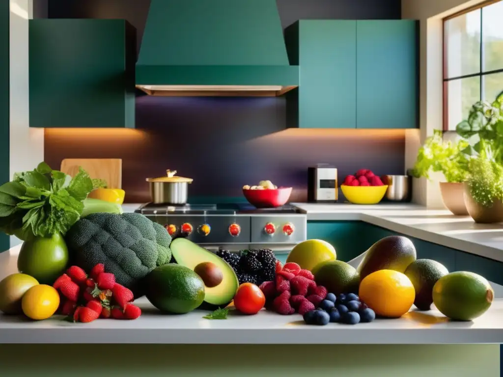 Una cocina moderna llena de frutas y verduras coloridas, bañada por la luz del sol. <b>Alimentos para mejorar el estado de ánimo.