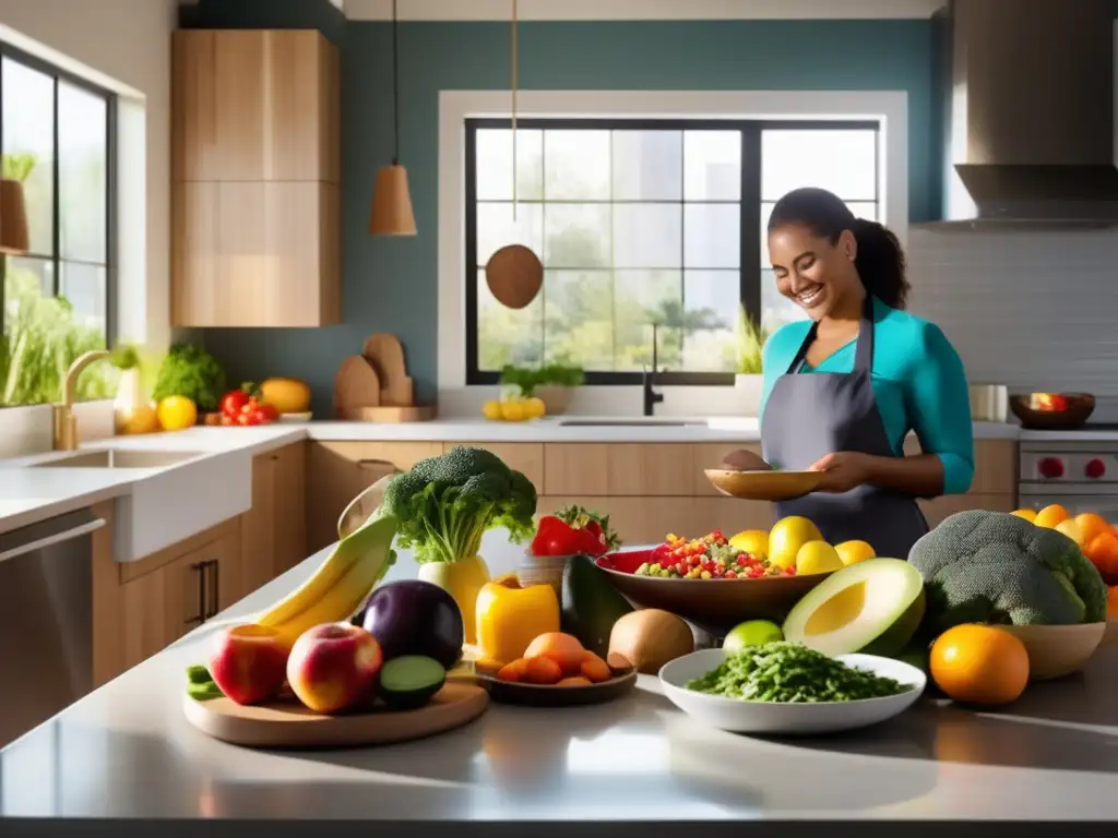 Una cocina moderna rebosante de frutas, verduras y granos enteros. La luz solar ilumina los alimentos frescos, inspirando una alimentación saludable para bienestar emocional.