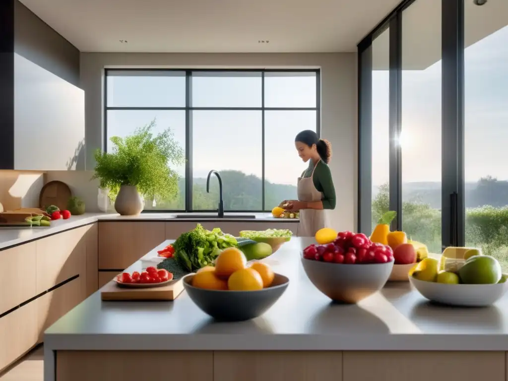 Una cocina moderna y serena con despensa organizada y frutas y verduras coloridas. <b>La luz natural ilumina el espacio y una persona prepara una comida equilibrada.</b> <b>Captura la esencia de estrategias de vida equilibrada alimentación.