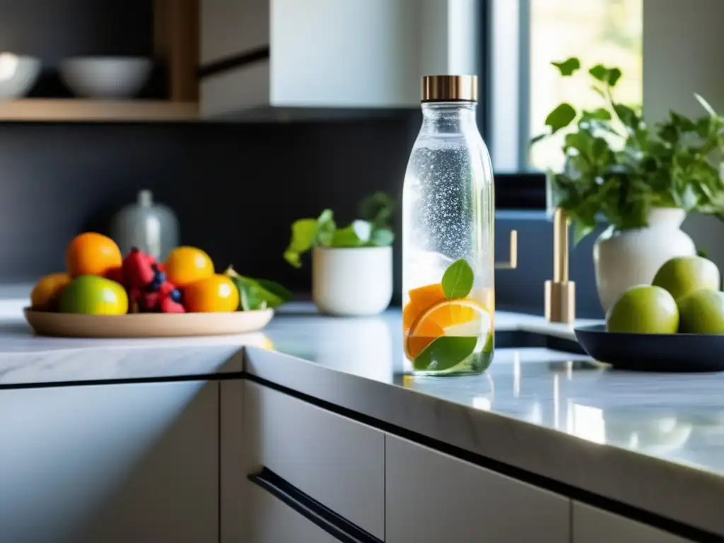 Una cocina moderna y serena con una encimera de mármol, una botella de agua infusionada y frutas frescas. <b>Beneficios del ayuno intermitente.