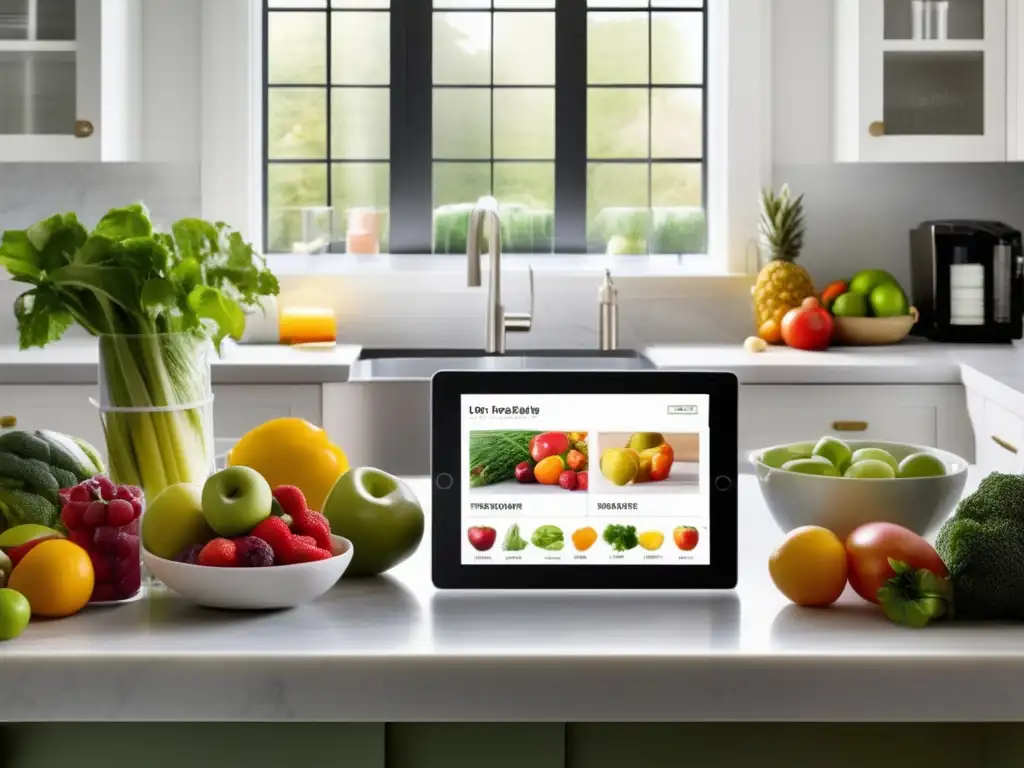 Una cocina moderna y serena con frutas frescas, verduras y una tableta digital mostrando plantillas seguimiento dietas específicas.