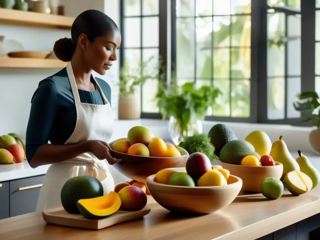 Una cocina moderna y serena con frutas y verduras coloridas exhibiendo una sensación de mindfulness en la preparación de alimentos.
