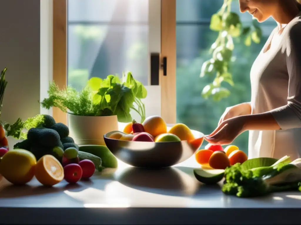 Una cocina moderna serena con frutas y verduras frescas. <b>Manos preparan ingredientes con técnicas mindfulness trastornos alimentarios.