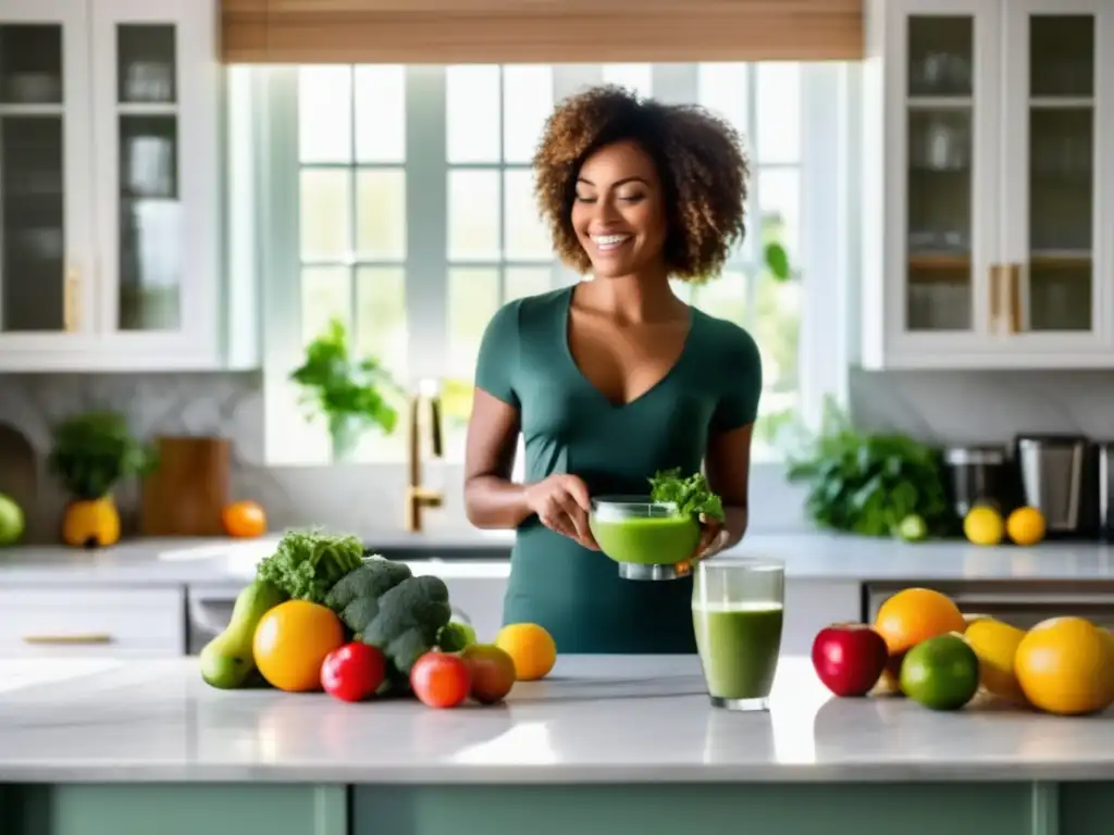 Una cocina moderna y serena con frutas y verduras frescas, un batidor y un smoothie. <b>La luz del sol ilumina el ambiente.</b> <b>Una persona con una sonrisa radiante y una comida equilibrada.</b> <b>Efecto Rebote Adelgazar Estrategias.