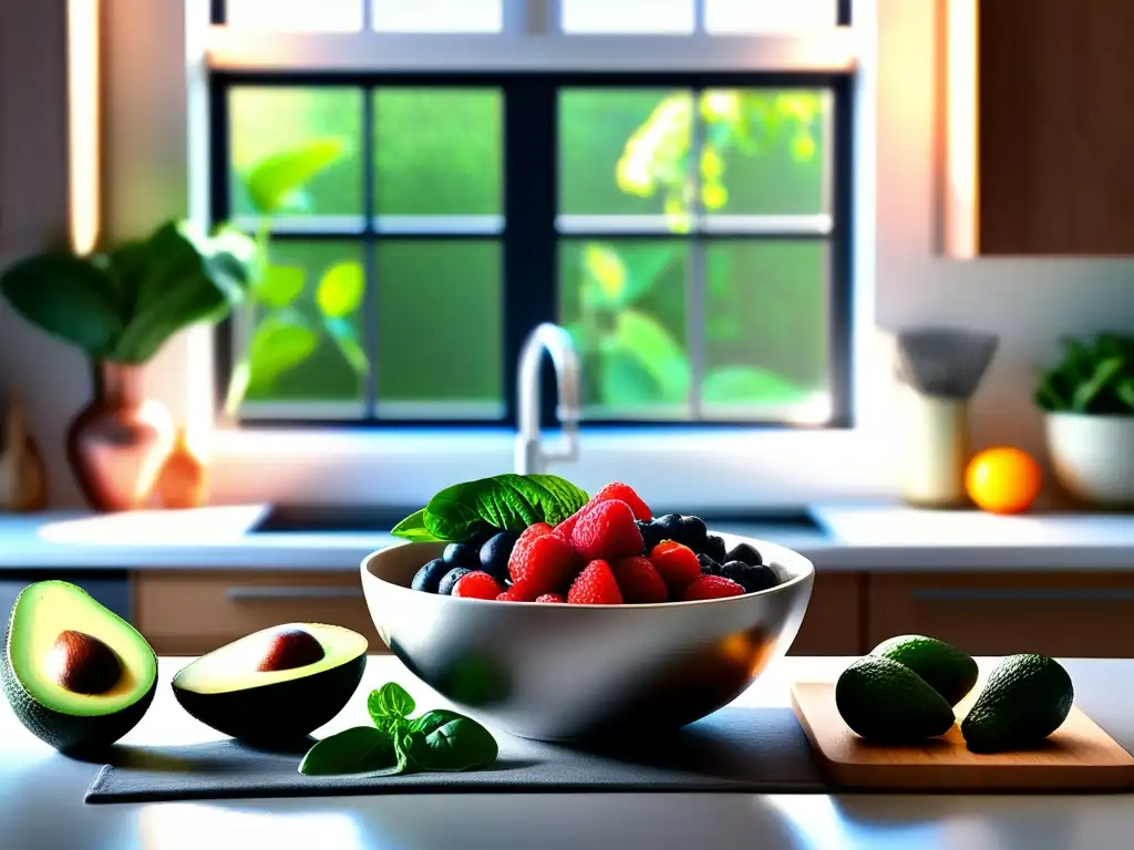 Una cocina moderna y serena, con ingredientes cetogénicos frescos bañados por la cálida luz matutina. <b>Beneficios y precauciones dietas cetogénicas.