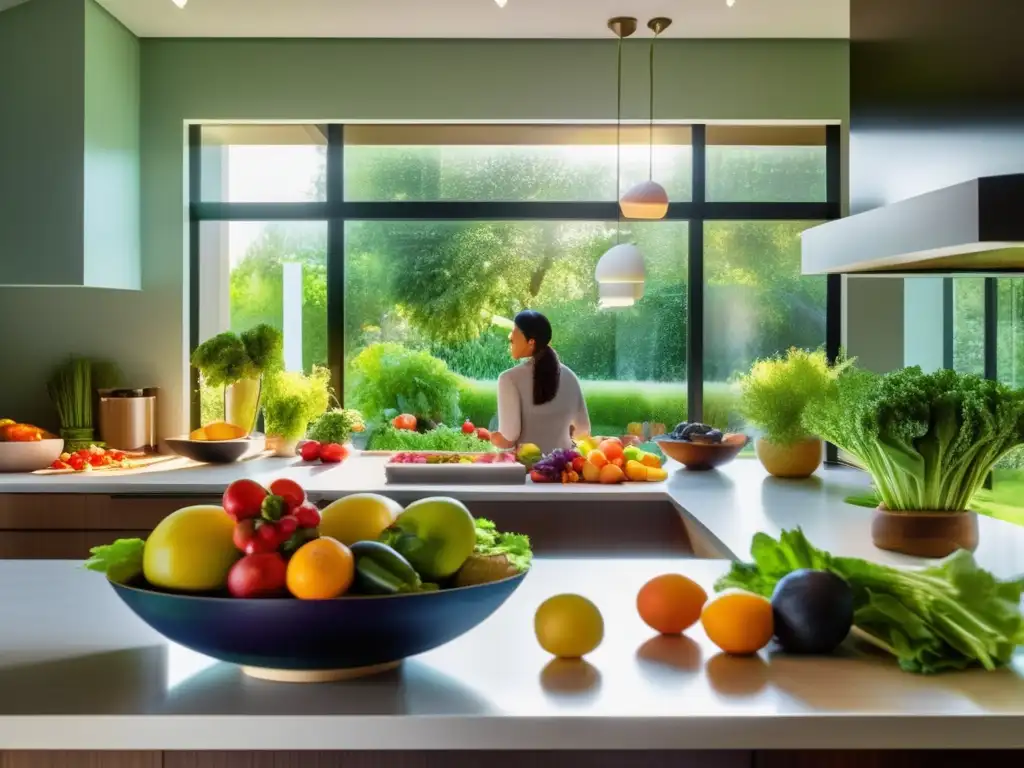 Una cocina moderna y serena con luz natural, frutas y verduras vibrantes, y un nutricionista brindando calidez y experiencia. <b>Refleja la importancia de la dieta saludable y el bienestar psicológico.