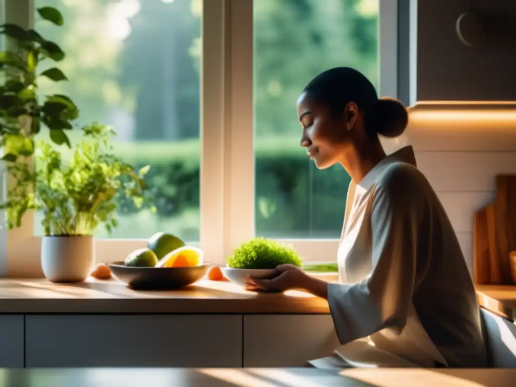 Una cocina moderna y serena con luz natural, un jardín exuberante y una persona meditando en ayuno intermitente. <b>Conectar cuerpo ayuno intermitente.