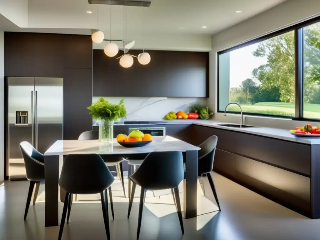 Una cocina moderna y serena con mucha luz natural, mostrando una mesa de comedor elegante y una cocina minimalista sofisticada. Un ambiente acogedor y saludable con la palabra clave 'Nutrición óptima para embarazadas'.