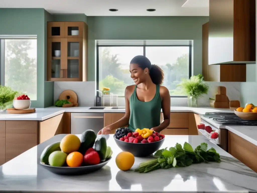 Una cocina moderna y serena con luz natural. <b>Una despensa organizada con alimentos coloridos.</b> <b>Una encimera de mármol con frutas frescas y agua.</b> Una mujer preparando una comida nutritiva rodeada de libros de cocina y afirmaciones sobre alimentación intuitiva para superar desórdenes alimentarios.