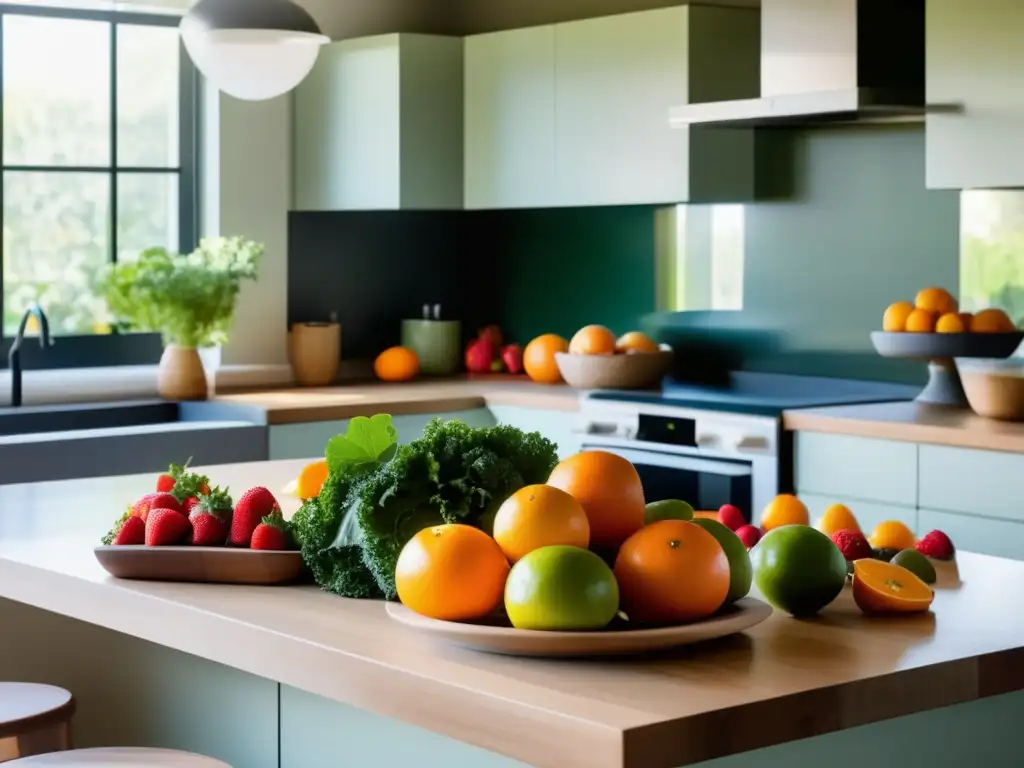 Una cocina moderna y serena con una mesa de madera llena de frutas y verduras vibrantes. <b>La luz del sol ilumina el saludable festín.</b> <b>Alimentación intuitiva para control peso.