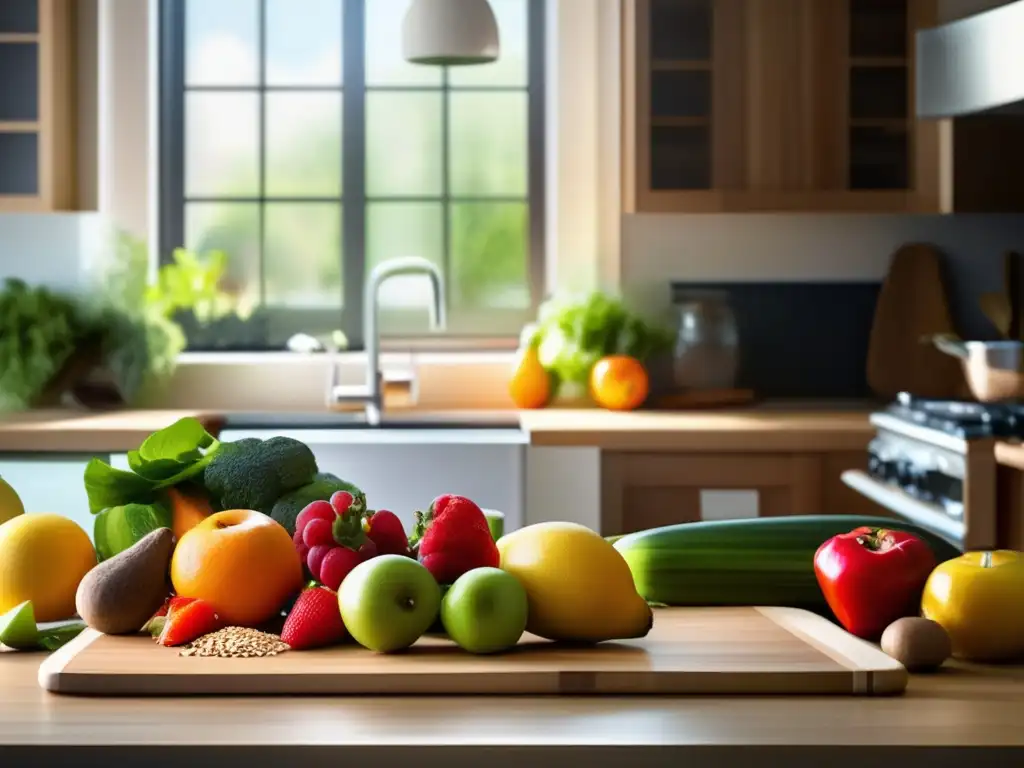 Una cocina moderna y serena con una mesa de madera llena de alimentos frescos y coloridos. La luz natural realza la atmósfera cálida y acogedora, perfecta para incorporar alimentos para controlar la ira.