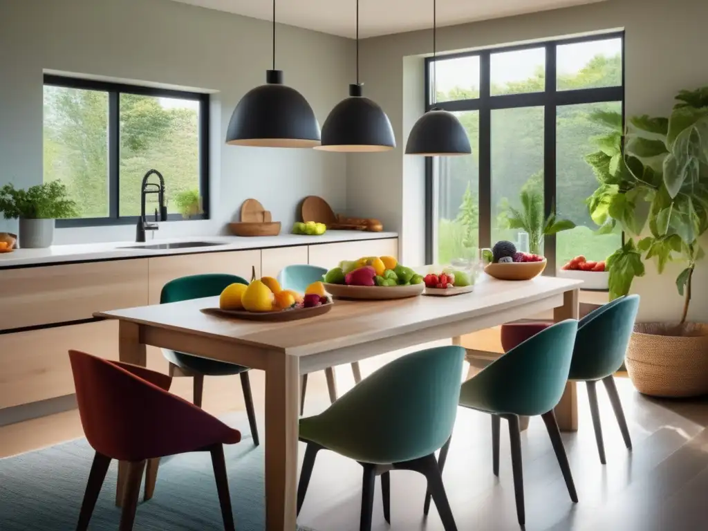 Una cocina moderna y serena con una mesa de madera lista para una comida, con alimentos para combatir la depresión.