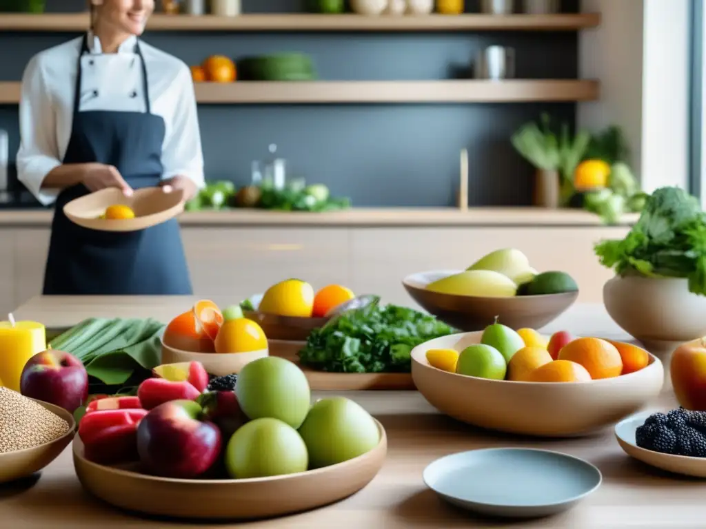 'Una cocina moderna y serena con una mesa de madera bañada por luz natural. <b>Frutas, verduras y granos enteros en armonía.</b> <b>Estrategias nutricionales para manejar el estrés.'